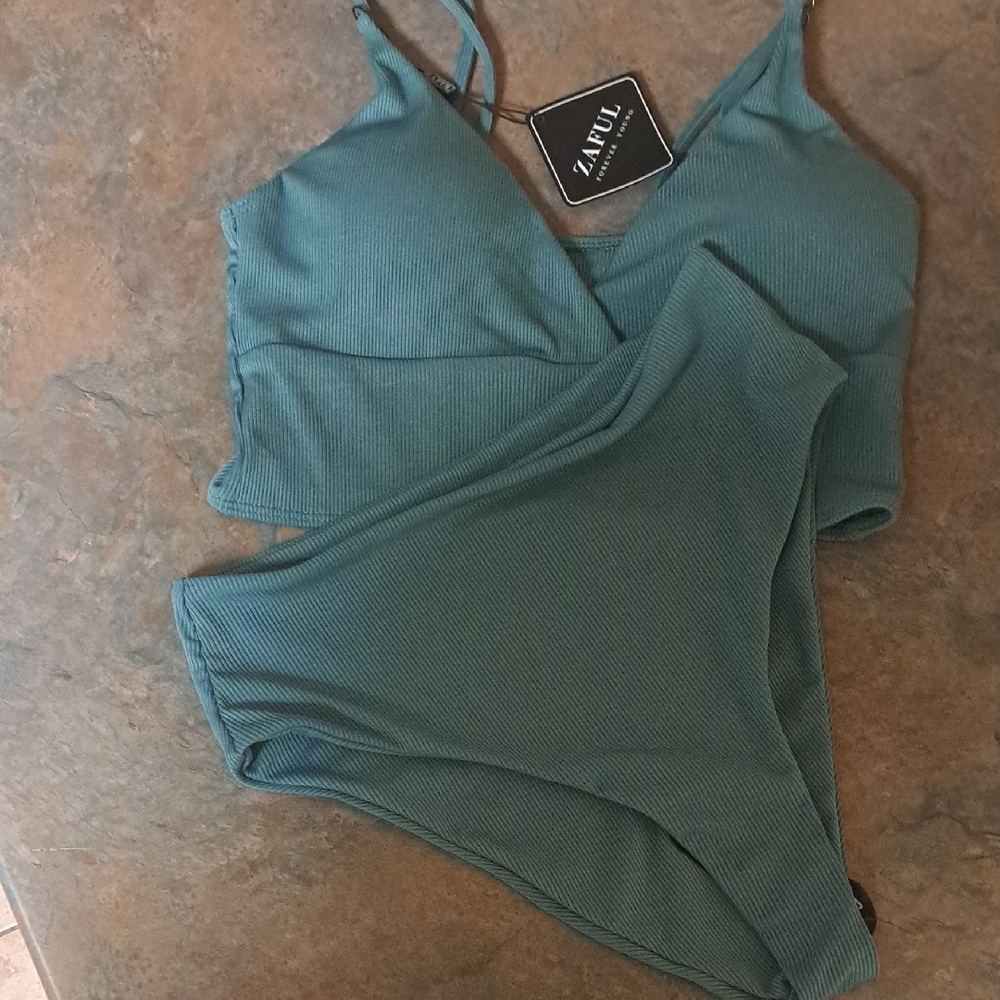 Zaful Teal Ribbed Bikini Set